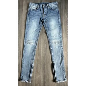 MNML Jeans Mens 30x32 Blue Skinny Fit SLIM Ankle Zip Distressed Mid Rise Cotton